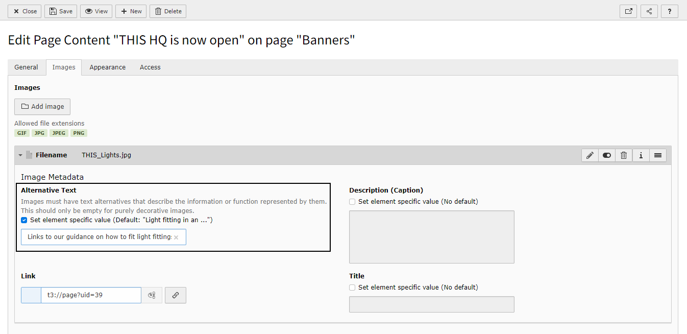 Screenshot showing how to add alternative text inside a content element
