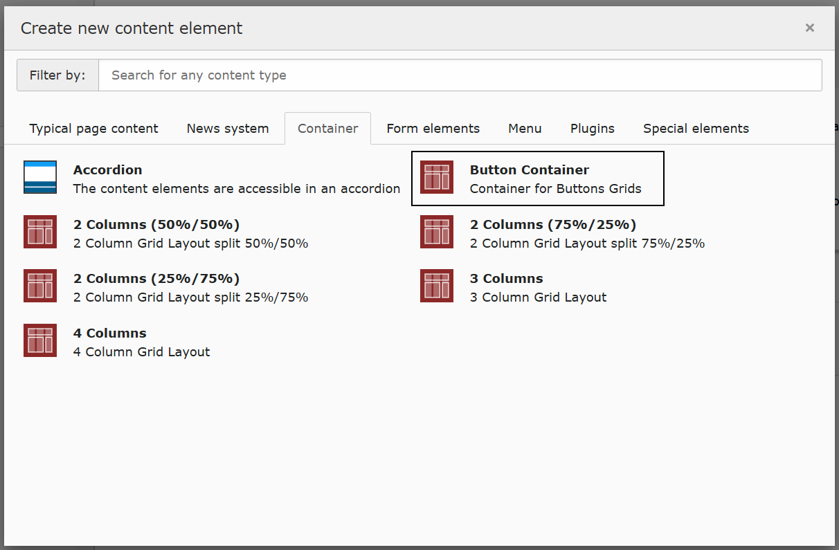 Screenshot of TYPO3's Create new content element pop-up box highlighting Button Container.