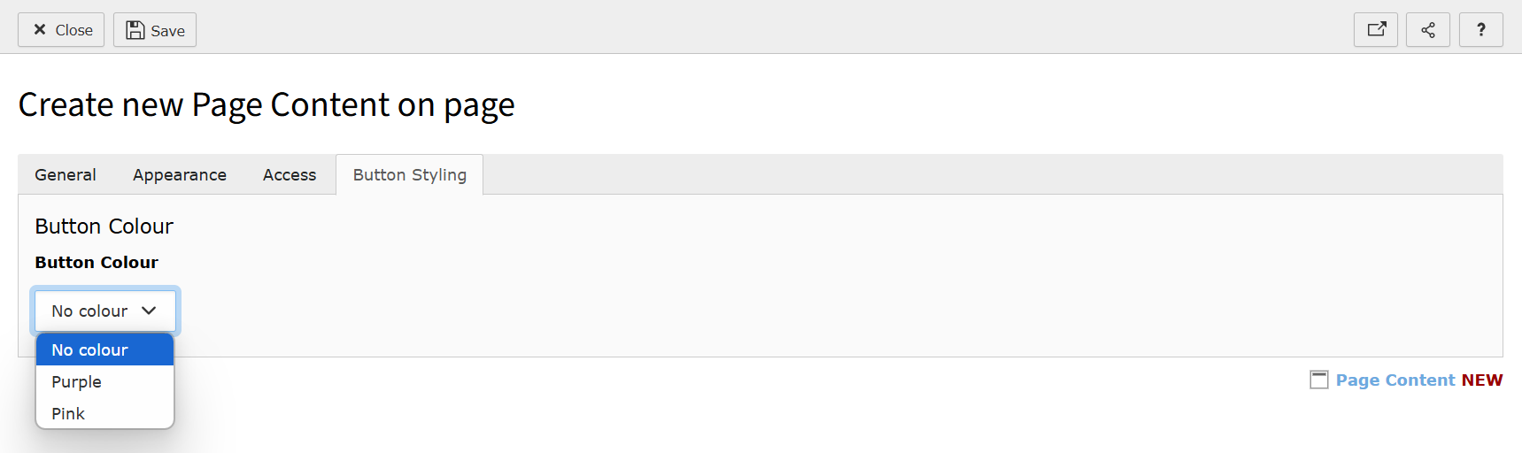 Screenshot of the Header Only content element showing the custom Button Styling tab.