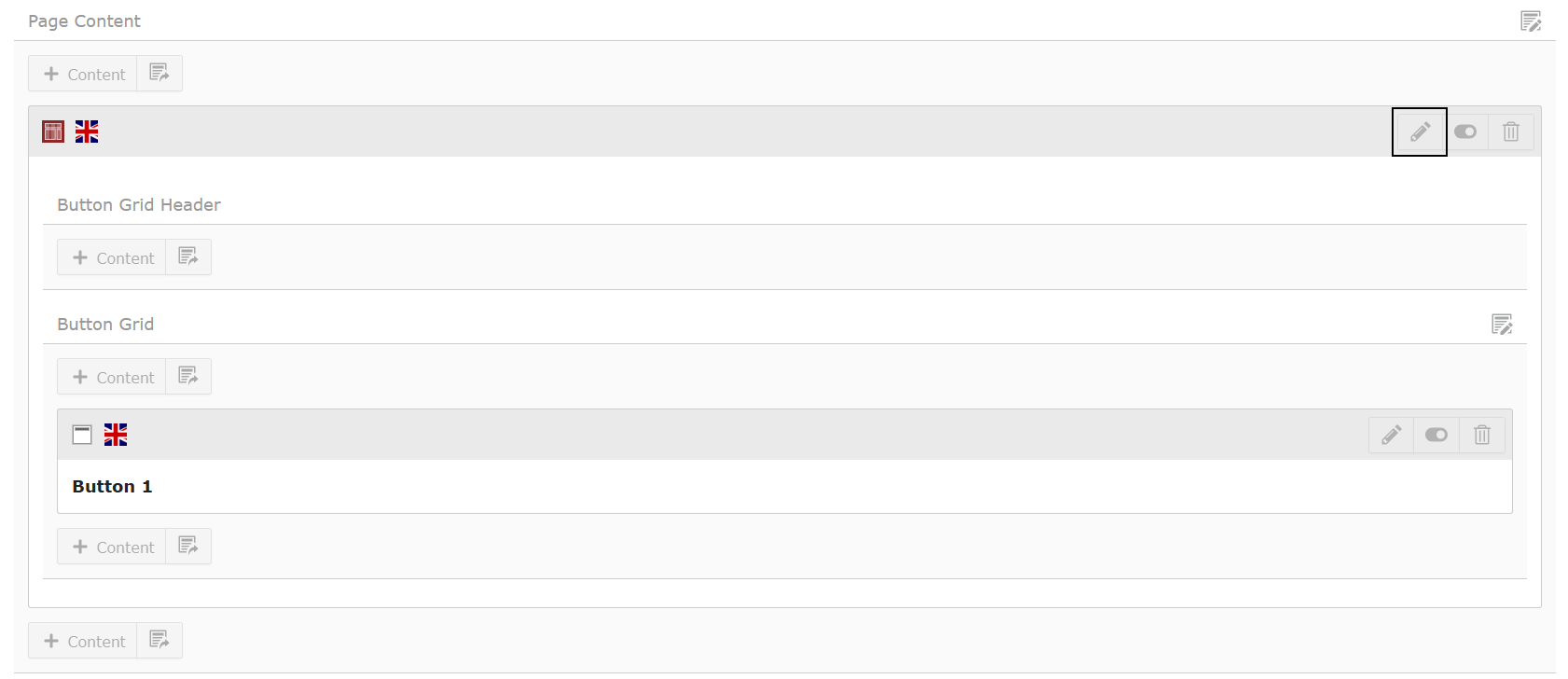 Screenshot of the Button Container in TYPO3's Backend Layout with the Edit icon highlighted.