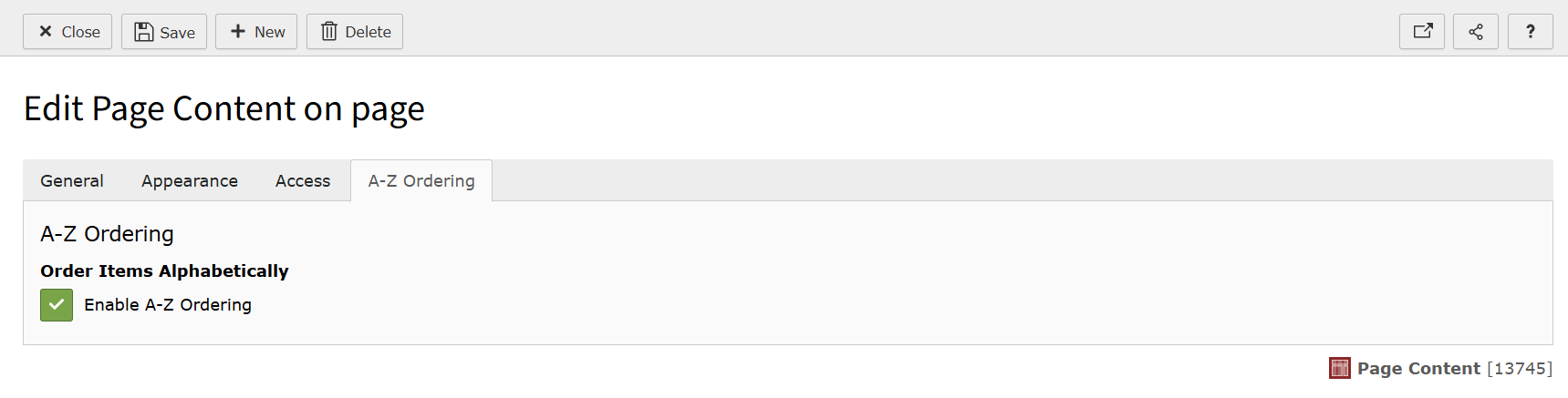 Screenshot showing the A-Z Ordering tab inside the Button Container content element.