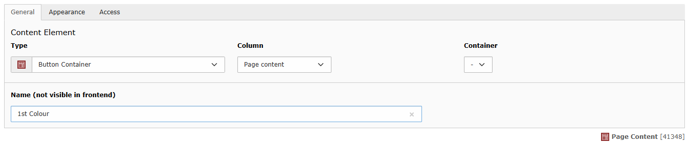 Screenshot of the General tab inside a Container element. The name field is filled in with the value of 1st Colour.
