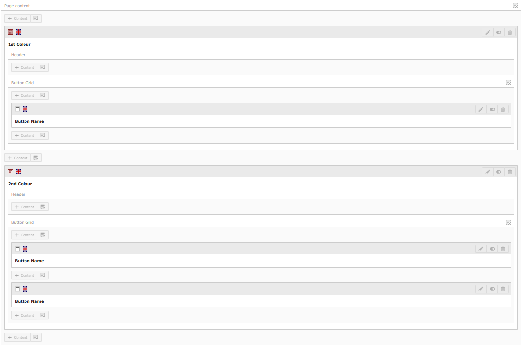 Screenshot of TYPO3's backend with 2 Button Container with Names, 1st Colour and 2nd Colour..