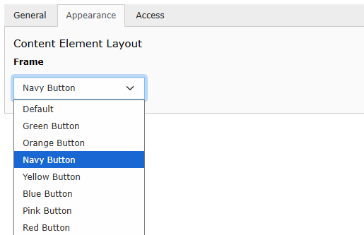 Screenshot of the Frames dropdown inside the Appearance tab showing Button Colour options.