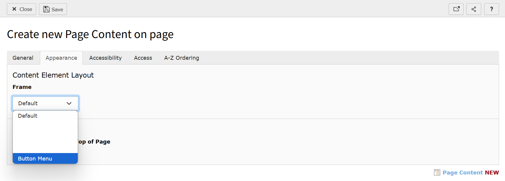 Screenshot inside the Menu of Pages/Subpages content element highlighting the Button Menu Frame.