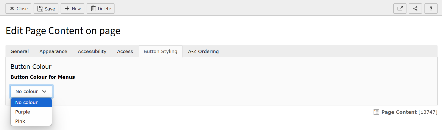 Screenshot inside the Menu of Pages/Subpages content element showing the Button Styling tab.