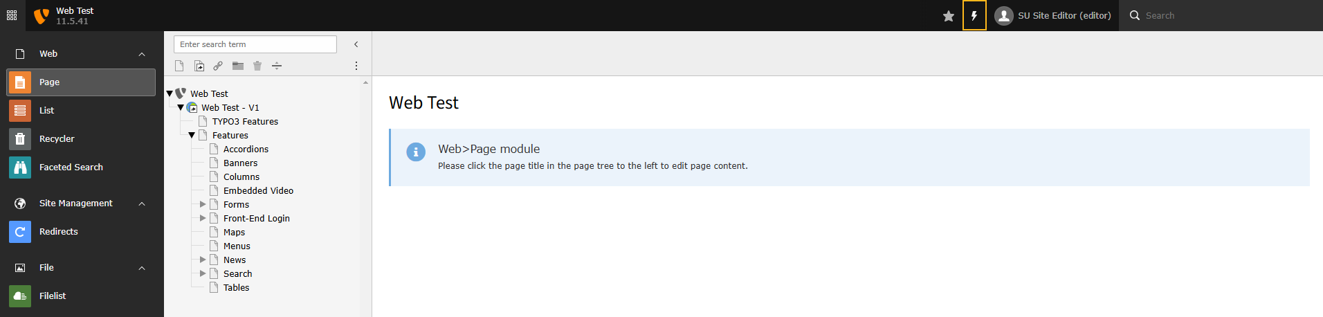 Screenshot of TYPO3 showing the Lightning icon that clears the website cache.