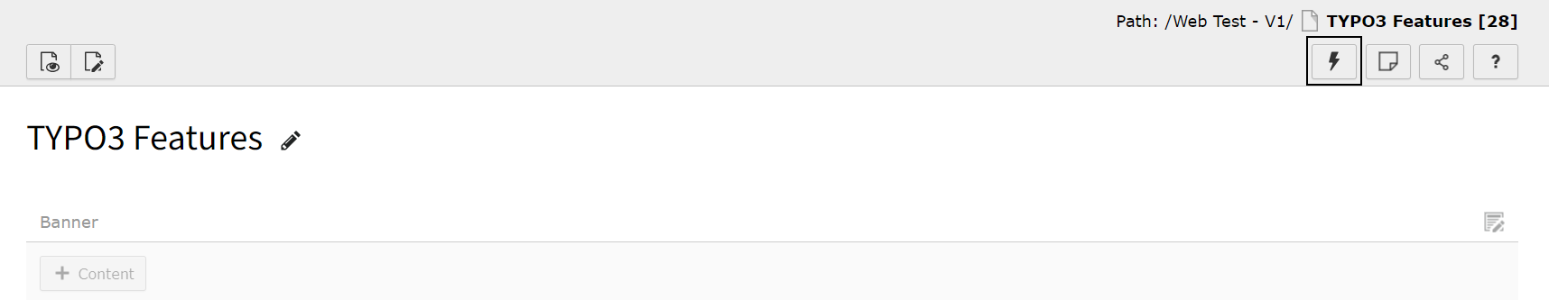 Screenshot of TYPO3 showing the Lightning icon that clears the page cache.
