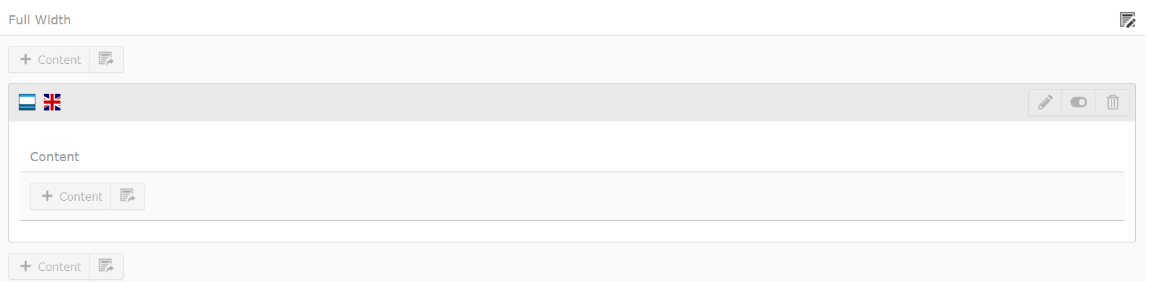 Screenshot of TYPO3's Backend Layout showing an empty Accordion Container. 