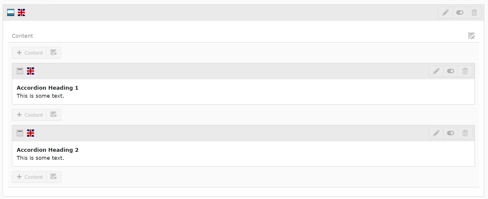 Screenshot of TYPO3's Backend Layout showing the Accordion Container. 