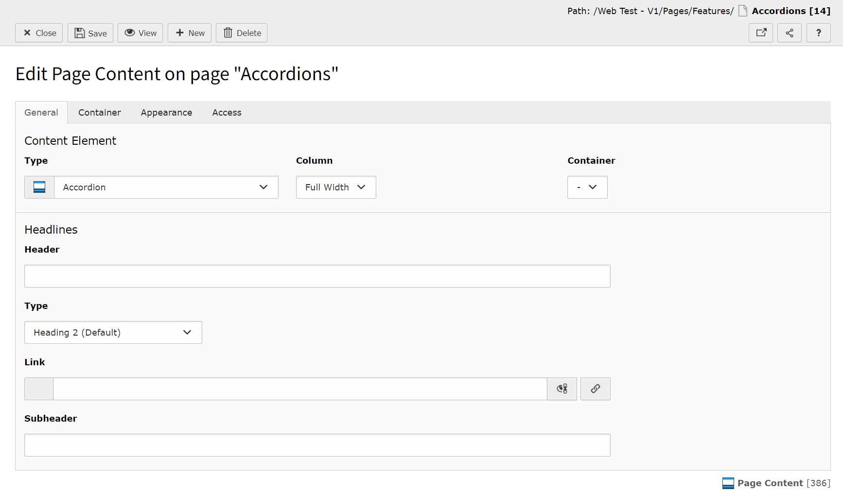 Screenshot of the editing options for the Accordion Container.