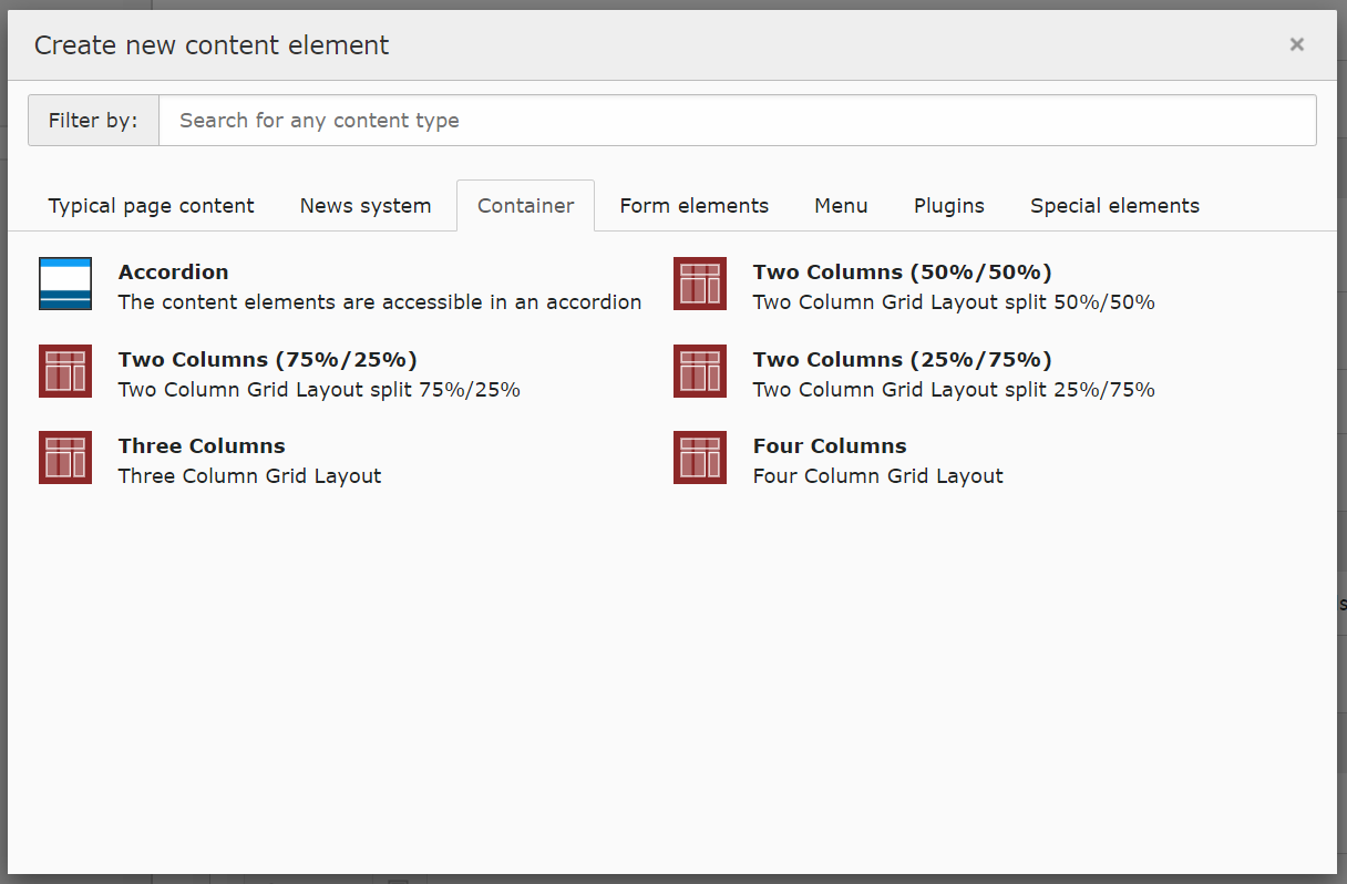 Screenshot of the Create a new content element pop-up window with the selected tab as Container.