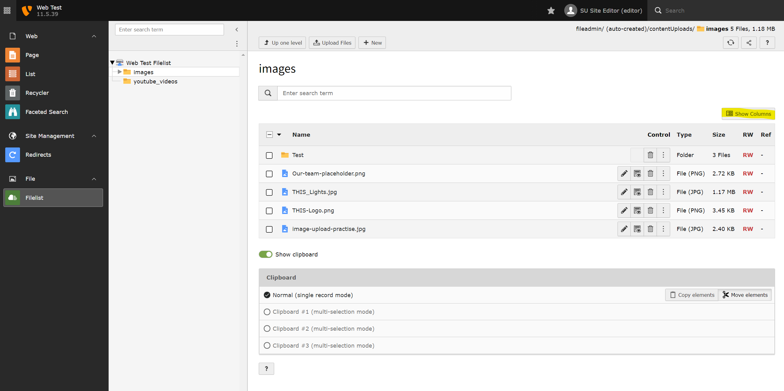 Screenshot showing TYPO3's Filelist, highlighting the Show Columns button.