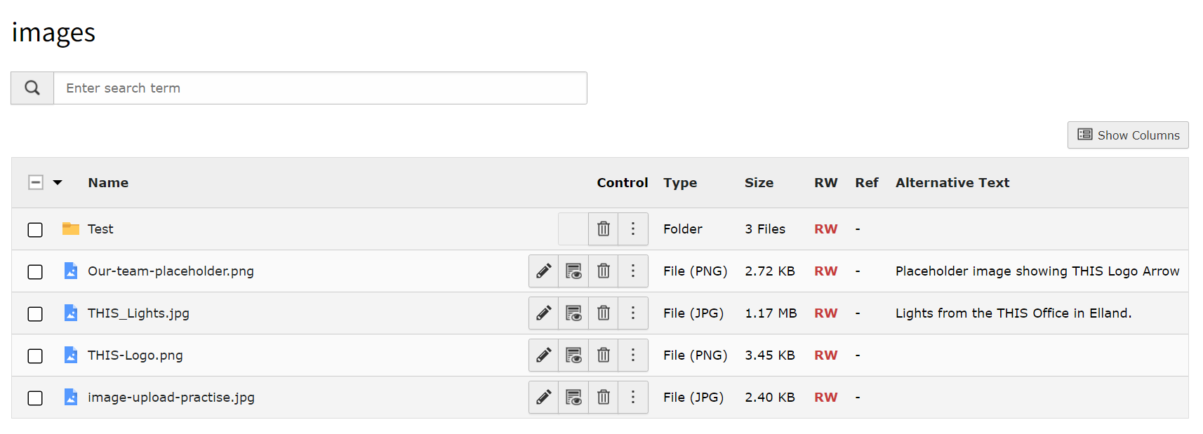 Screenshot showing the Filelist table with Alternative Text column added.