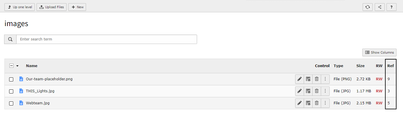 Screenshot of TYPO3's FileList table showing the files uploaded in the image folder