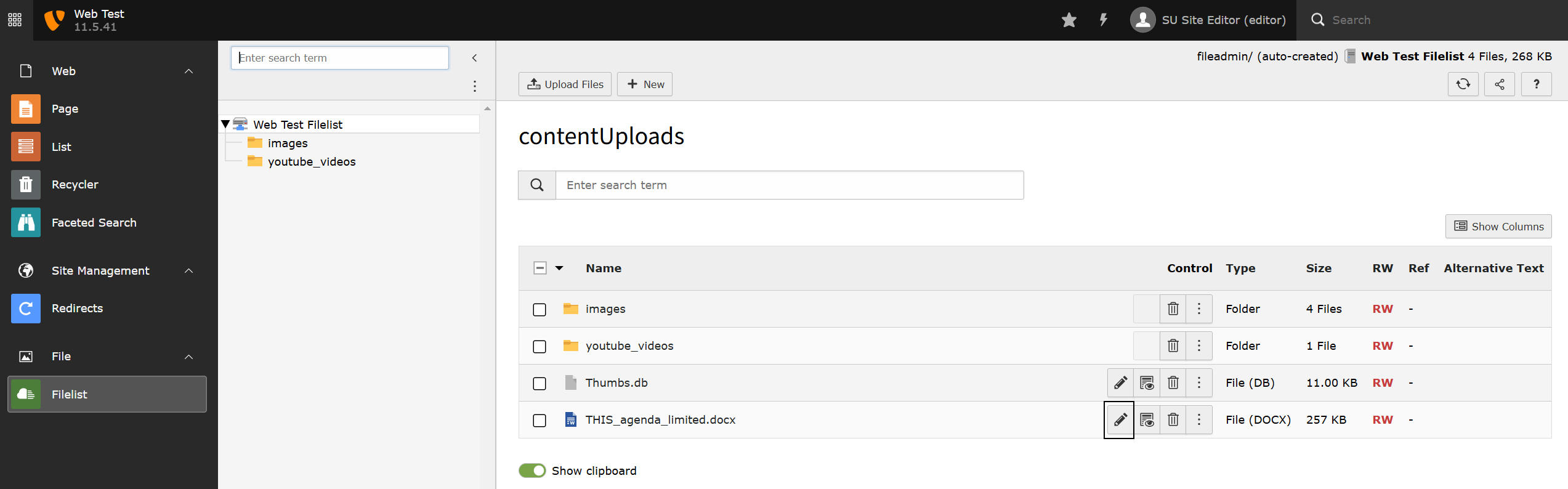Screenshot of TYPO3's Filelist highlighting the pencil icon to edit a file.