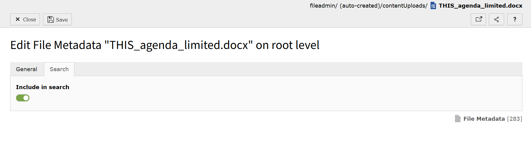 Screenshot of the Search tab inside a file contained within the Filelist