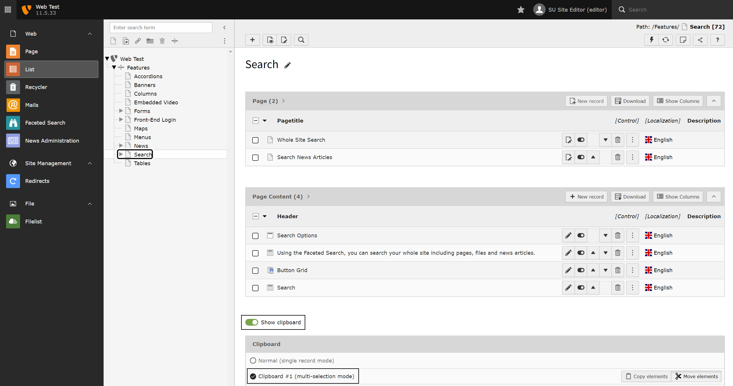 Screenshot of a page in TYPO3's List view.