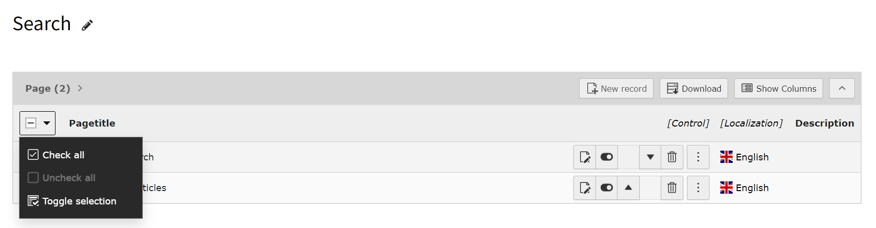 Screenshot of a page in TYPO3 showing the Clipboard selection.