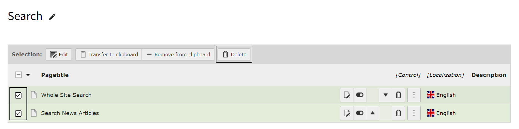 Screenshot of a page in TYPO3 List view with pages checked using the Clipboard.