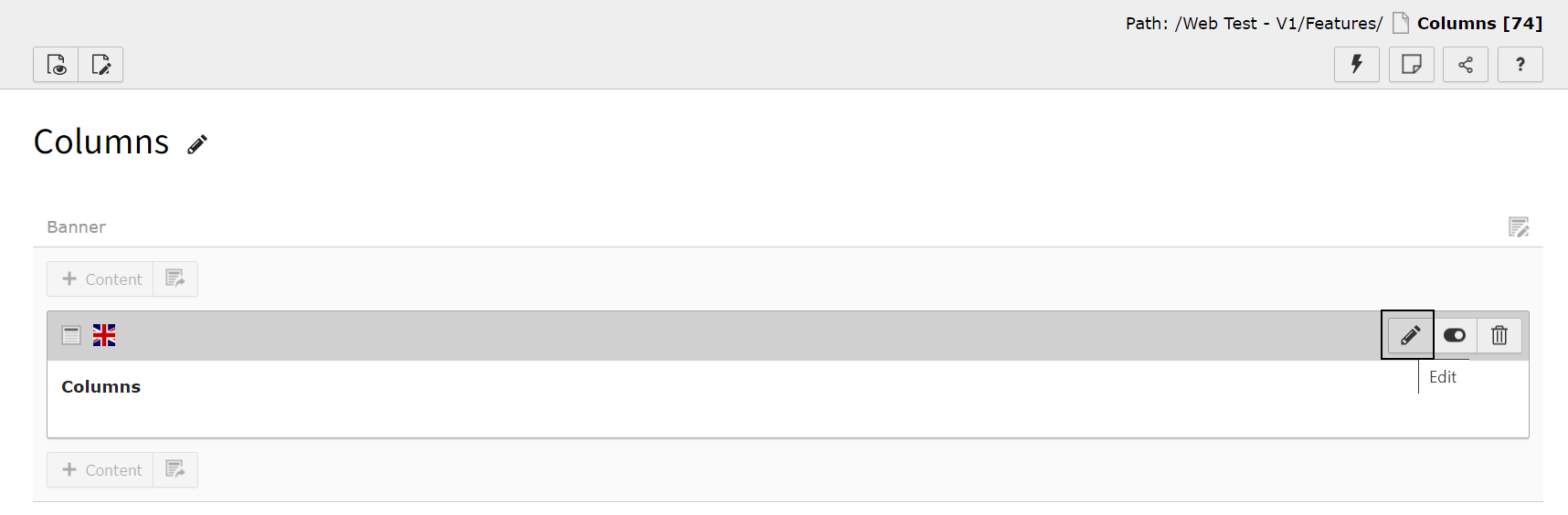 Screenshot of TYPO3, highlighting the Edit icon.