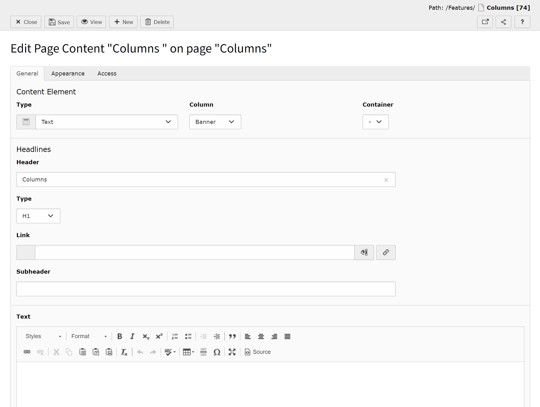 Screenshot of TYPO3's Edit Content Elements page.