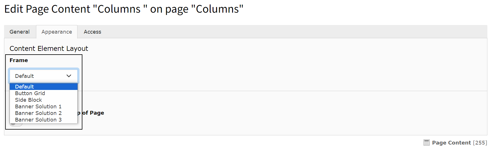 Screenshot of TYPO3 showing the Appearance tab when editing a content element.