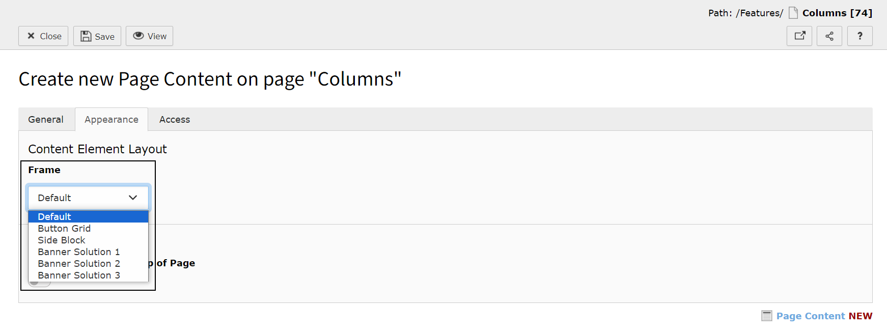 Screenshot of TYPO3 showing the Appearance tab where Frames can be applied.