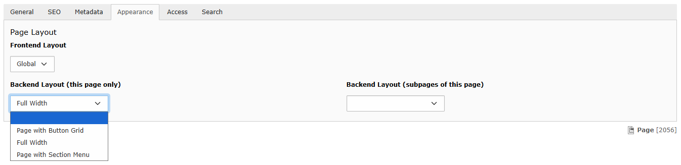 Screenshot of the Appearance tab inside TYPO3 showing the Frontend and Backend Layout dropdowns.