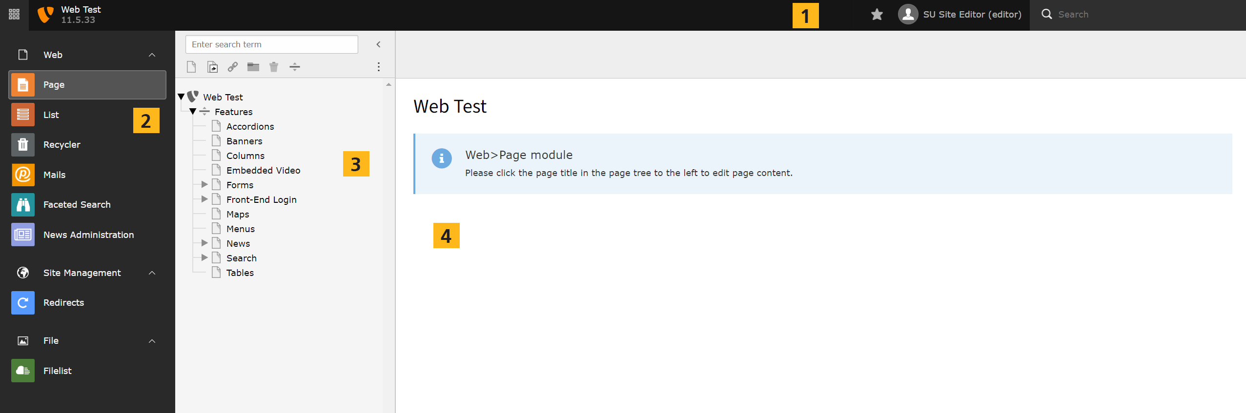 Screenshot of the backend of TYPO3 once logged in.