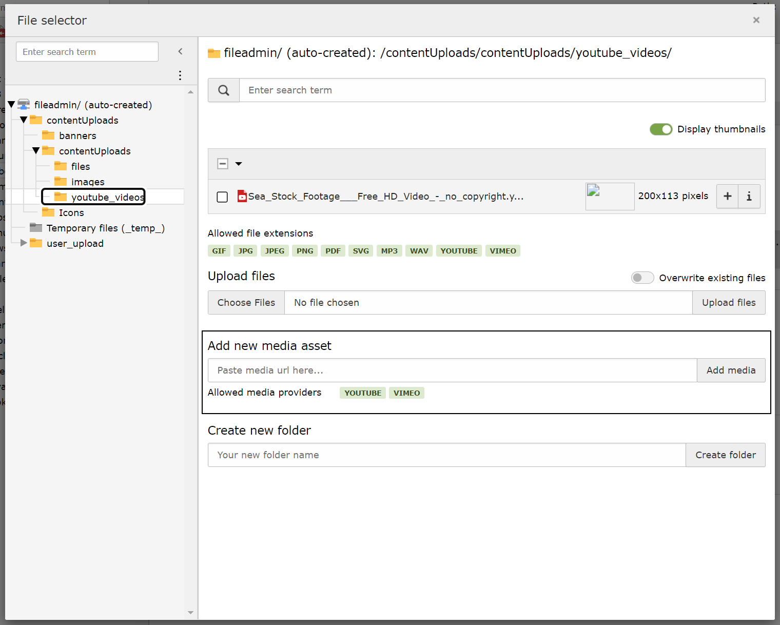 Screenshot of TYPO3's File Selector window showing how to add media.