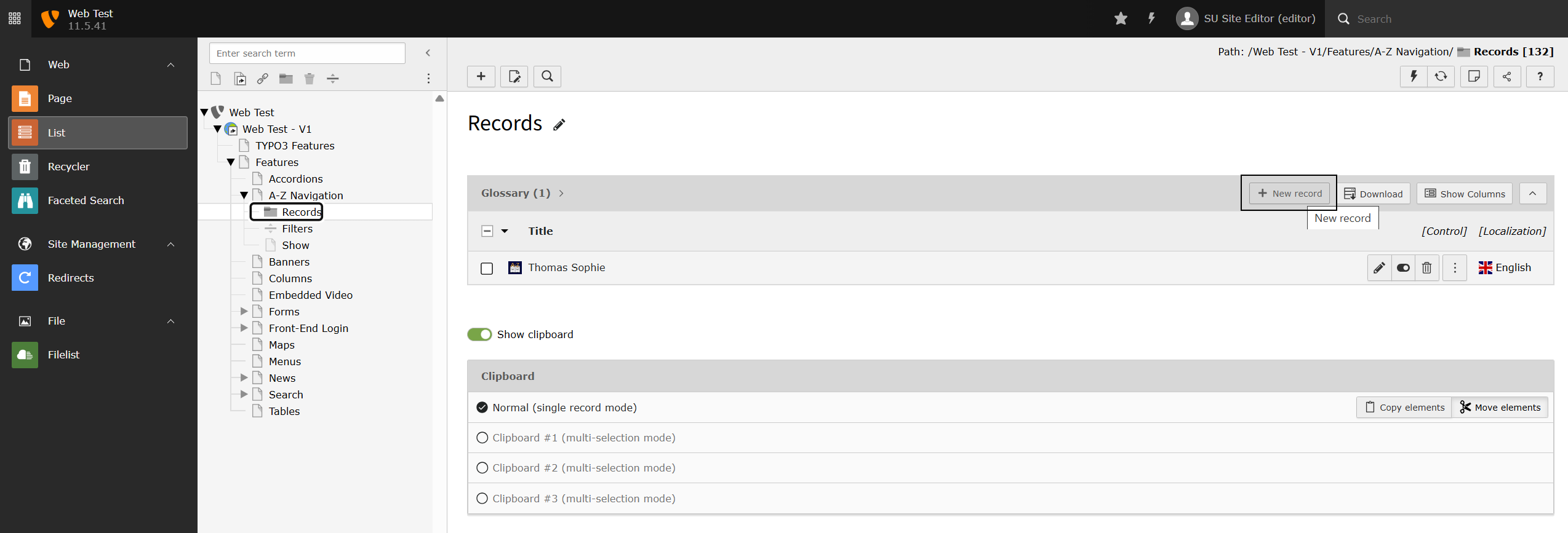 Screenshot of TYPO3 backend in List view highlighting the New record button for the Glossary records.