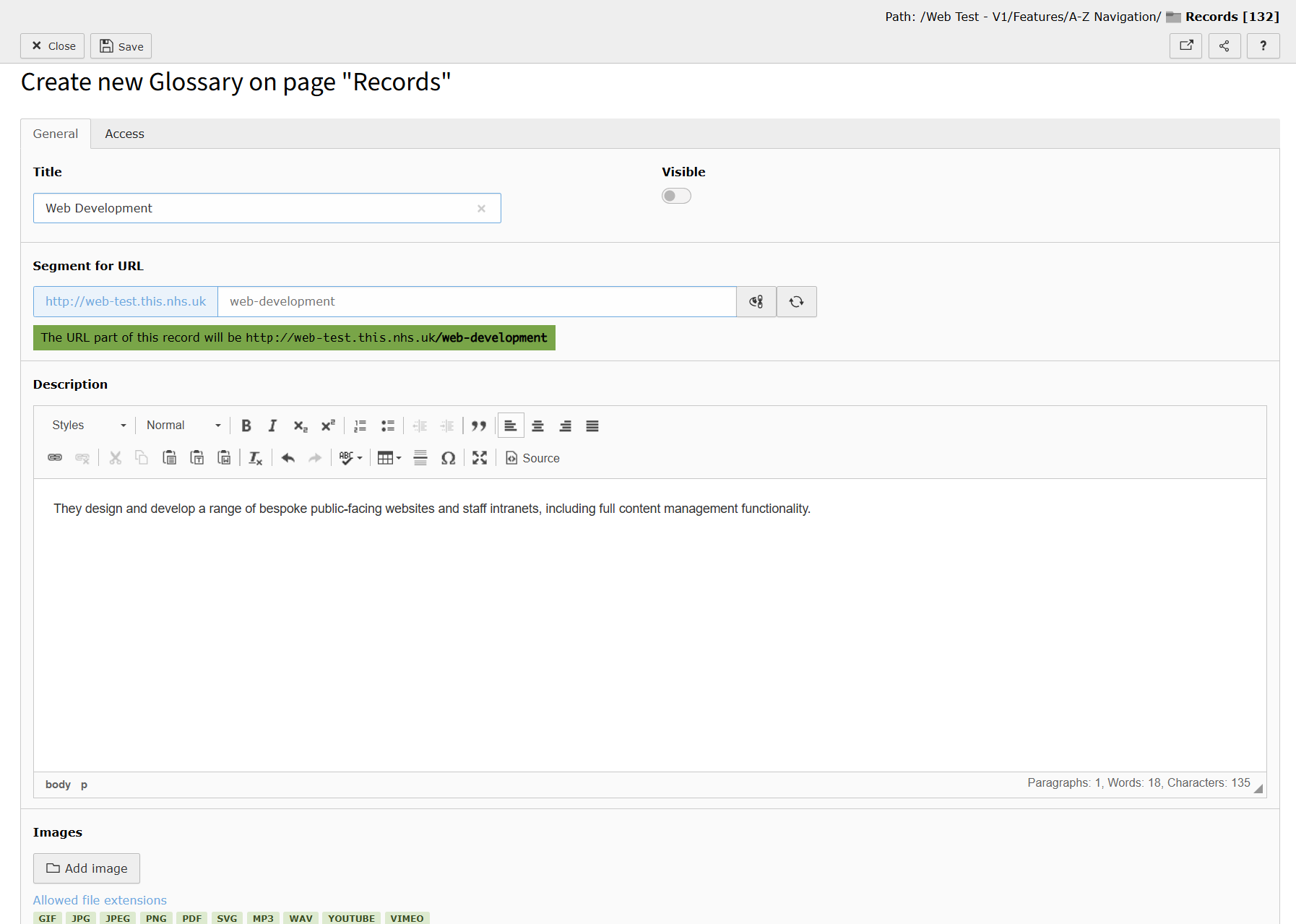 Screenshot of TYPO3 showing the General tab when adding a Glossary Record.