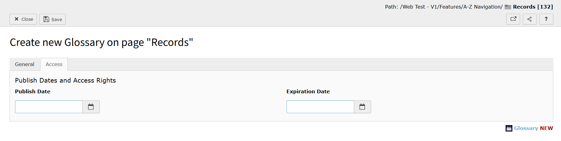 Screenshot of TYPO3 showing the Access tab when adding a Glossary Record.