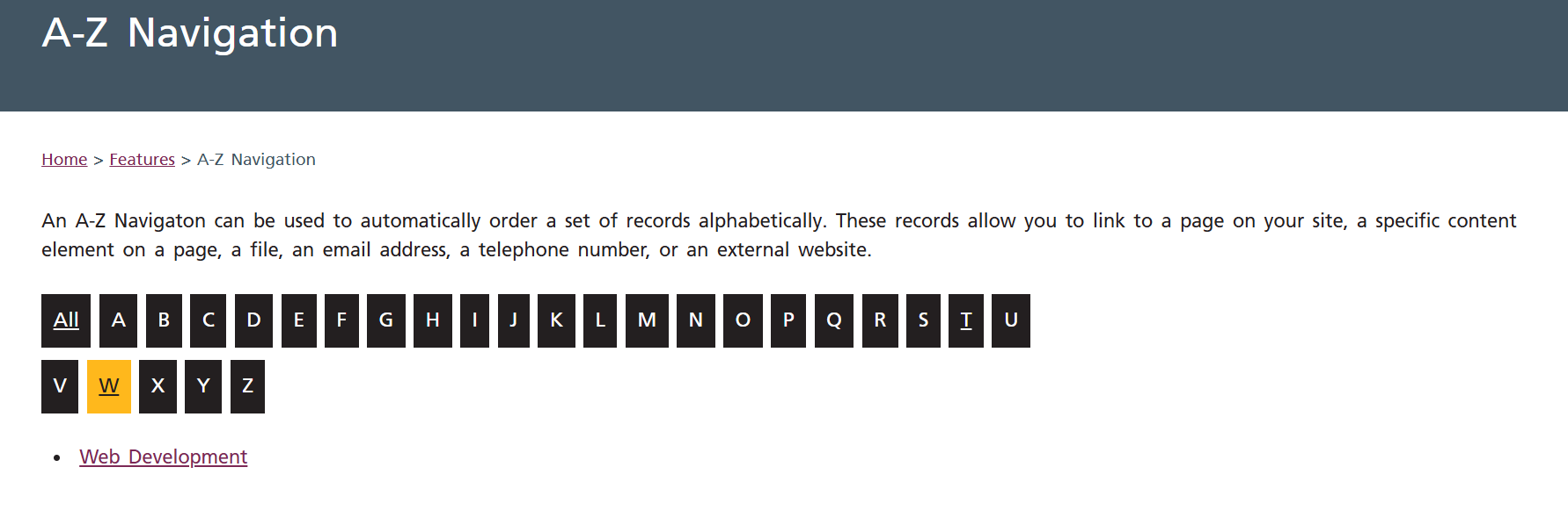 Screenshot of a webpage with the A-Z Navigation highlighting the letter W