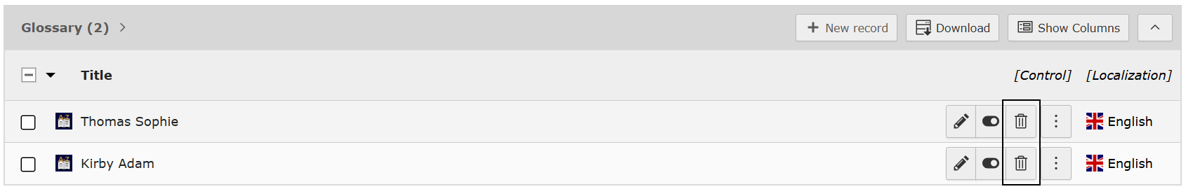 Screenshot of TYPO3 backend in List view highlighting the Delete action button for the Glossary records.