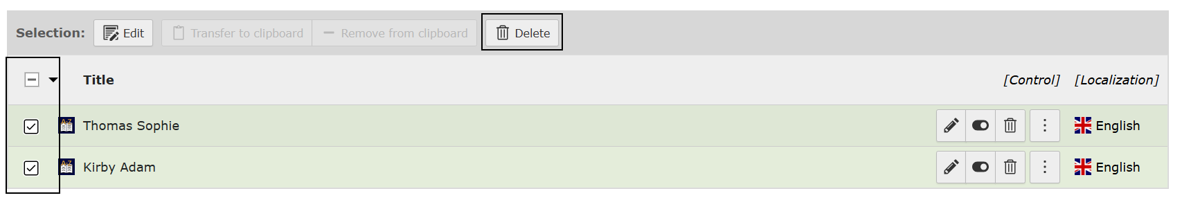 Screenshot of TYPO3 backend in List view showing the Glossary records highlighting the batch Delete function.