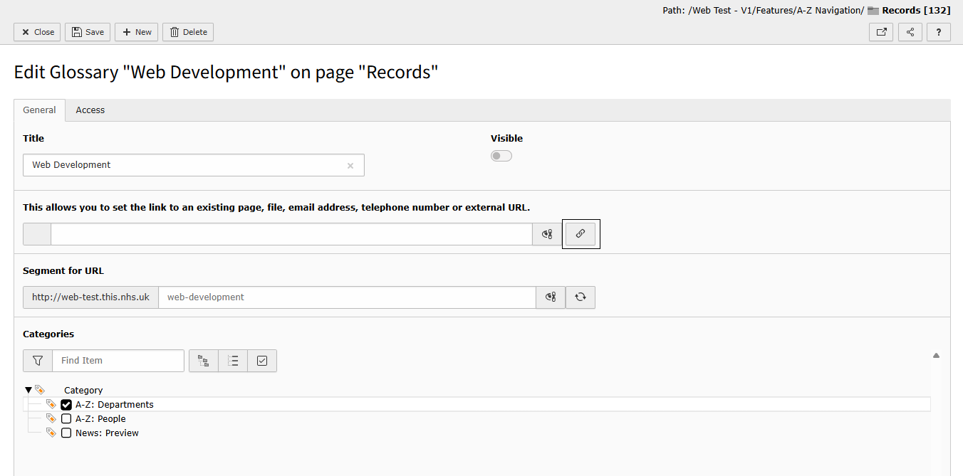 Screenshot of TYPO3 showing the General tab highlighting the add link icon