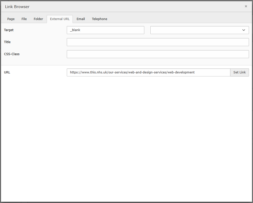 Screenshot of TYPO3's Link Browser pop-up showing an example for setting an External Link to a webpage