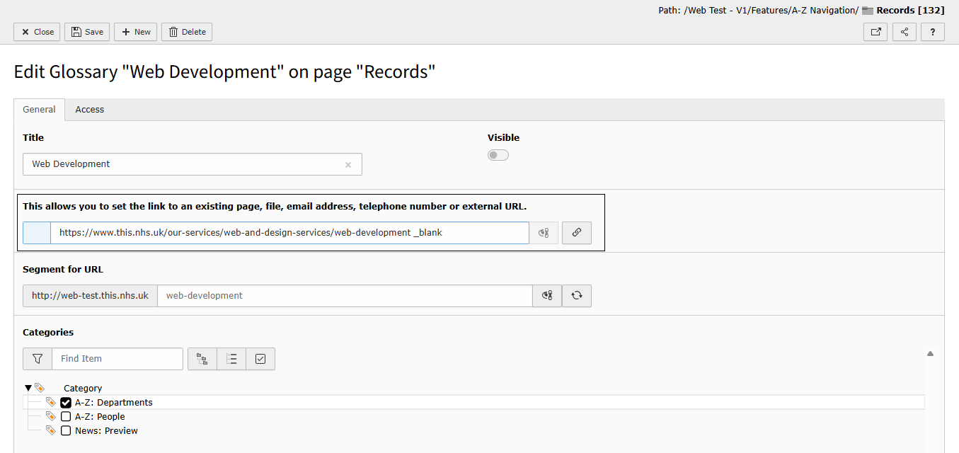 Screenshot of TYPO3 showing the General tab highlighting the Custom Link Destination field