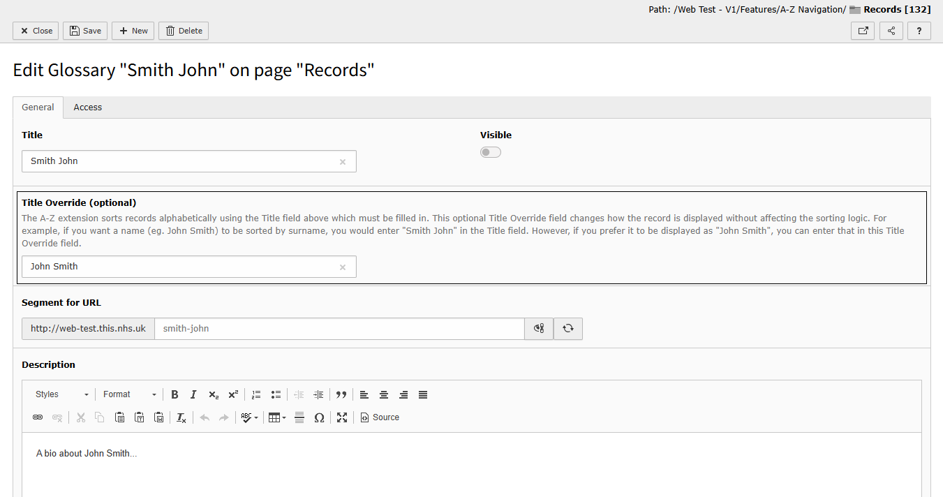 Screenshot of TYPO3 showing the General tab highlighting the Title Override field