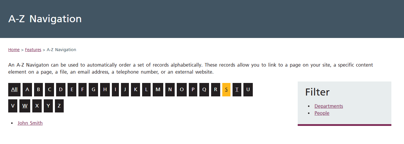 Screenshot of a webpage with the A-Z Navigation on the letter S showing how the title is displayed