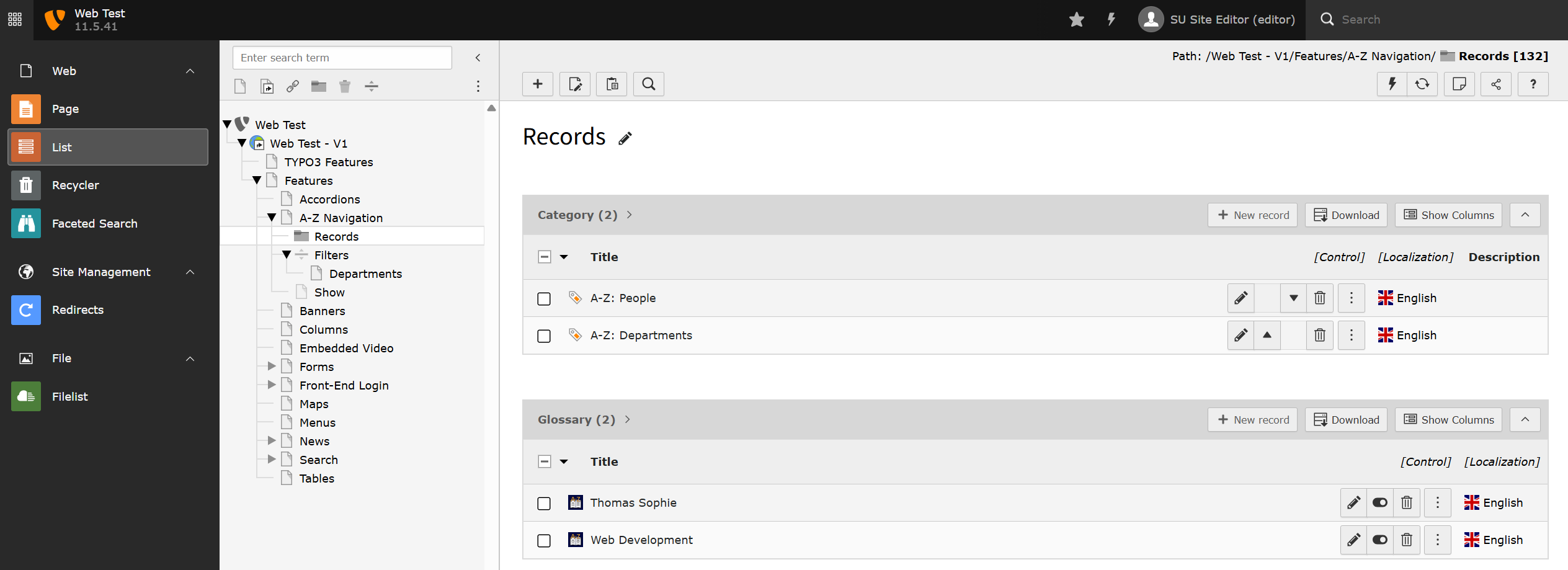 Screenshot of TYPO3 backend in List view showing the Glossary Record folder which contains Categories and Records