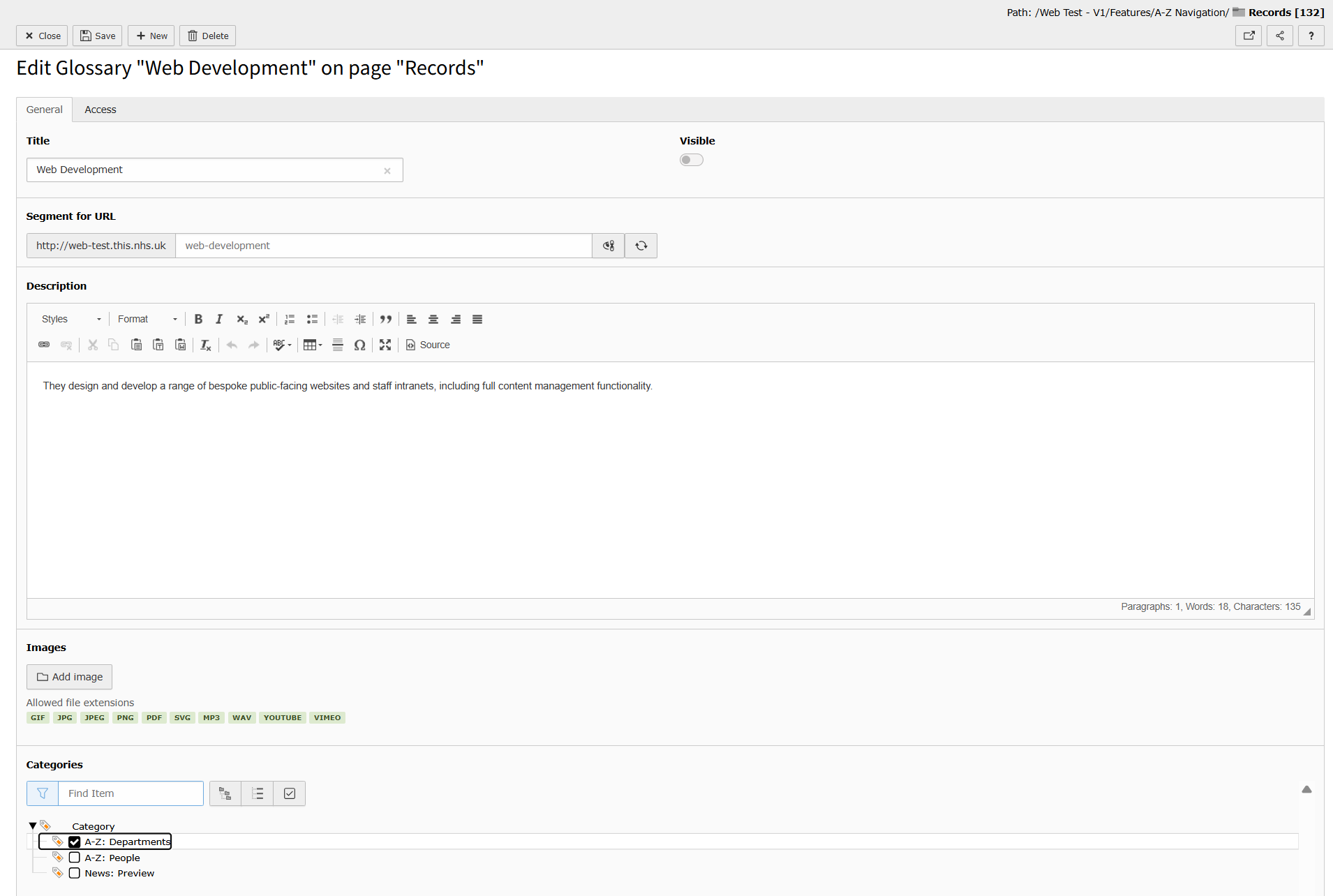 Screenshot of TYPO3 showing the General tab highlighting the Categories selection