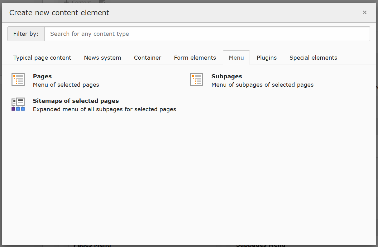 Screenshot showing the Create new content element pop-up in the Menu tab.