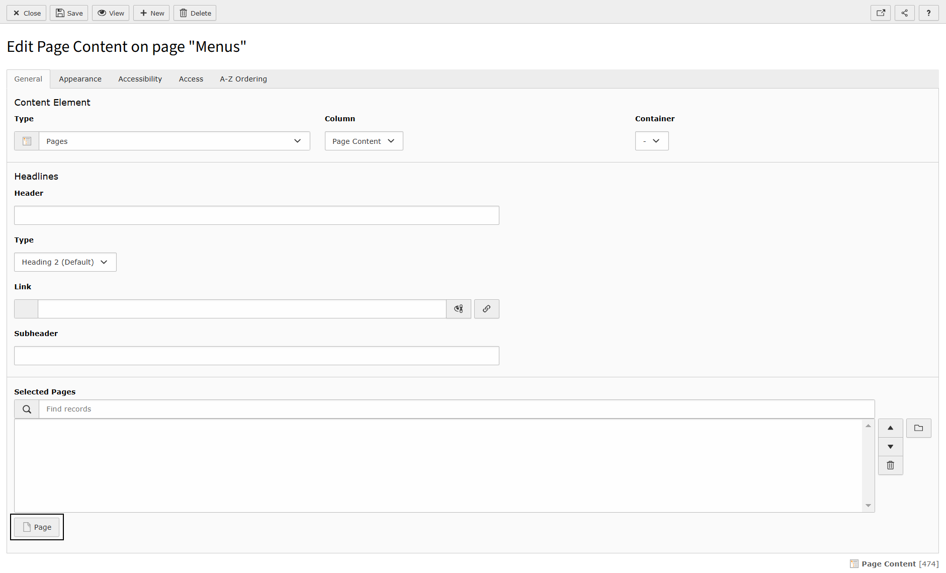 Screenshot showing the Menu of Pages content element highlighting the Page button to select pages.