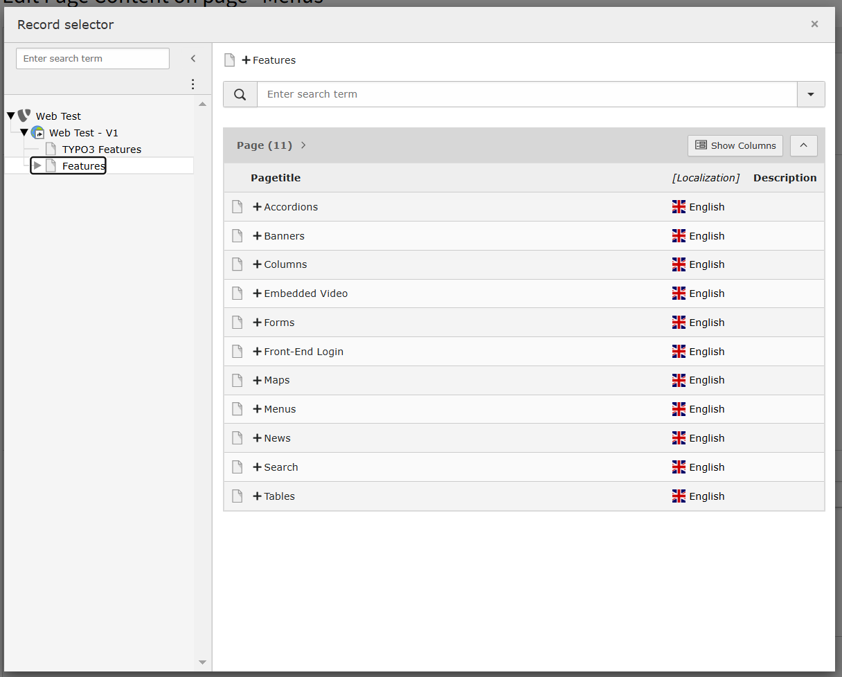 Screenshot showing TYPO3's Record selector pop-up. 