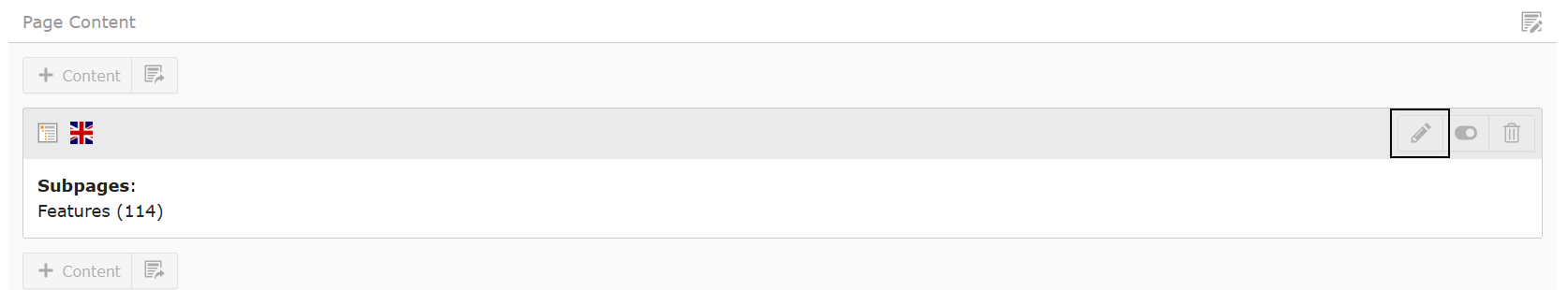 Screenshot showing the Menu of Subpages in the Backend Layout highlighting the Edit icon.
