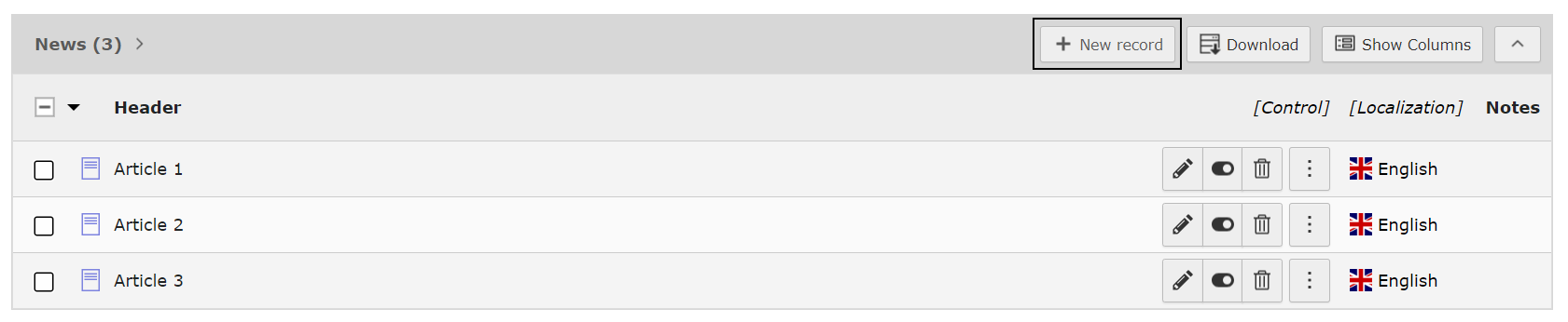 Screenshot of TYPO3 in List view showing where to create new News Records.