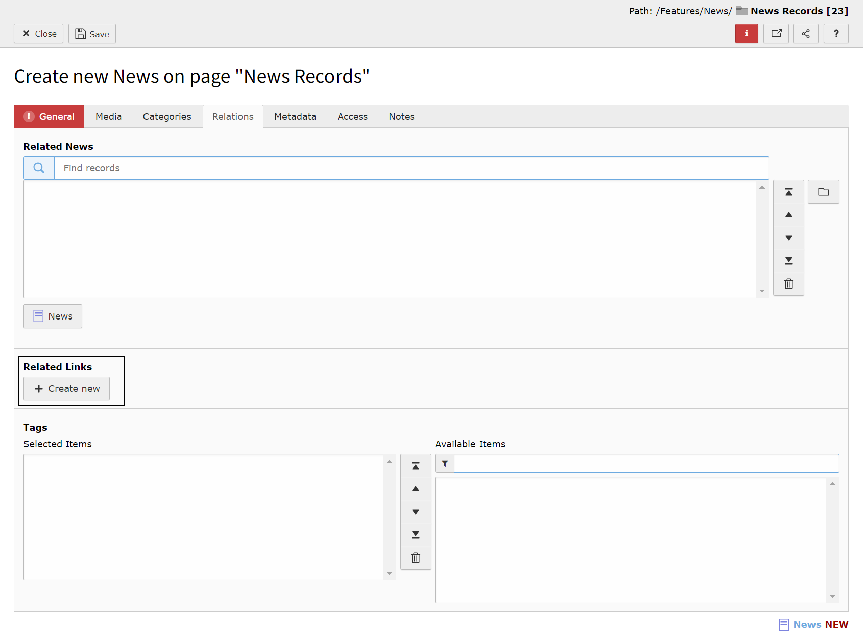 Screenshot of the News Relations tab highlighting the Related Links area.